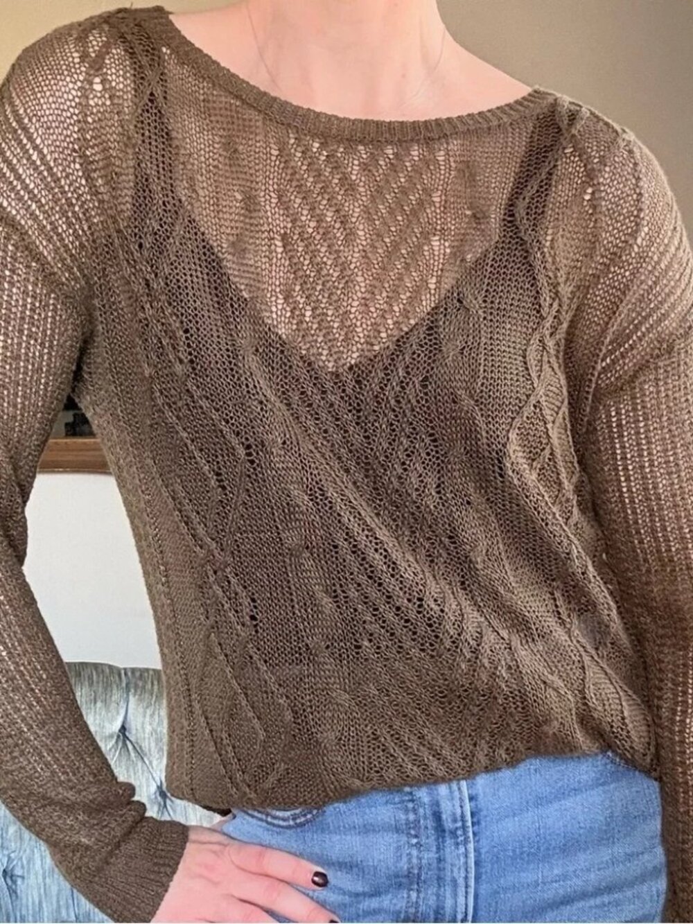 Brown Cotton Open Knit Textured Sweater Medium Slouchy Boho Pullover